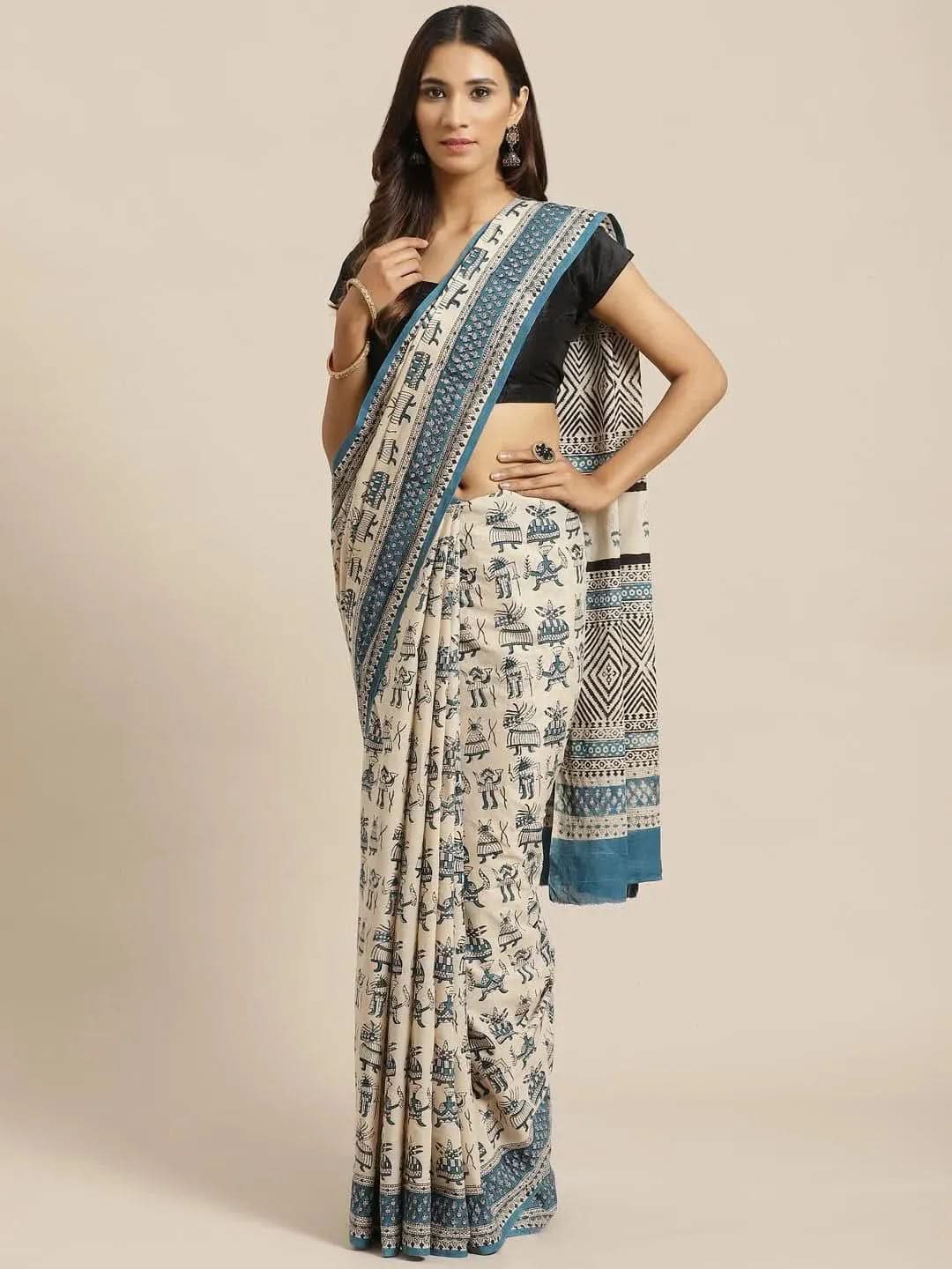 Beige Printed Cotton Saree - Libas