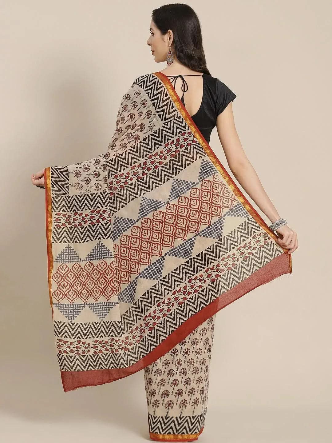 Beige Printed Cotton Saree - Libas