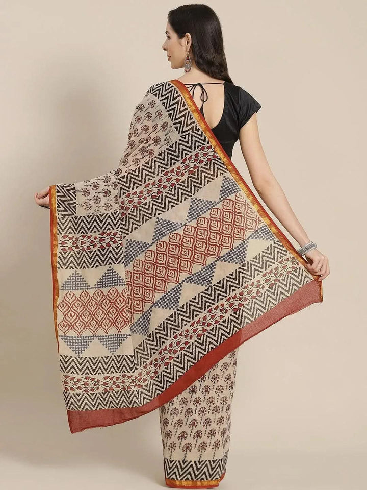 Beige Printed Cotton Saree - Libas