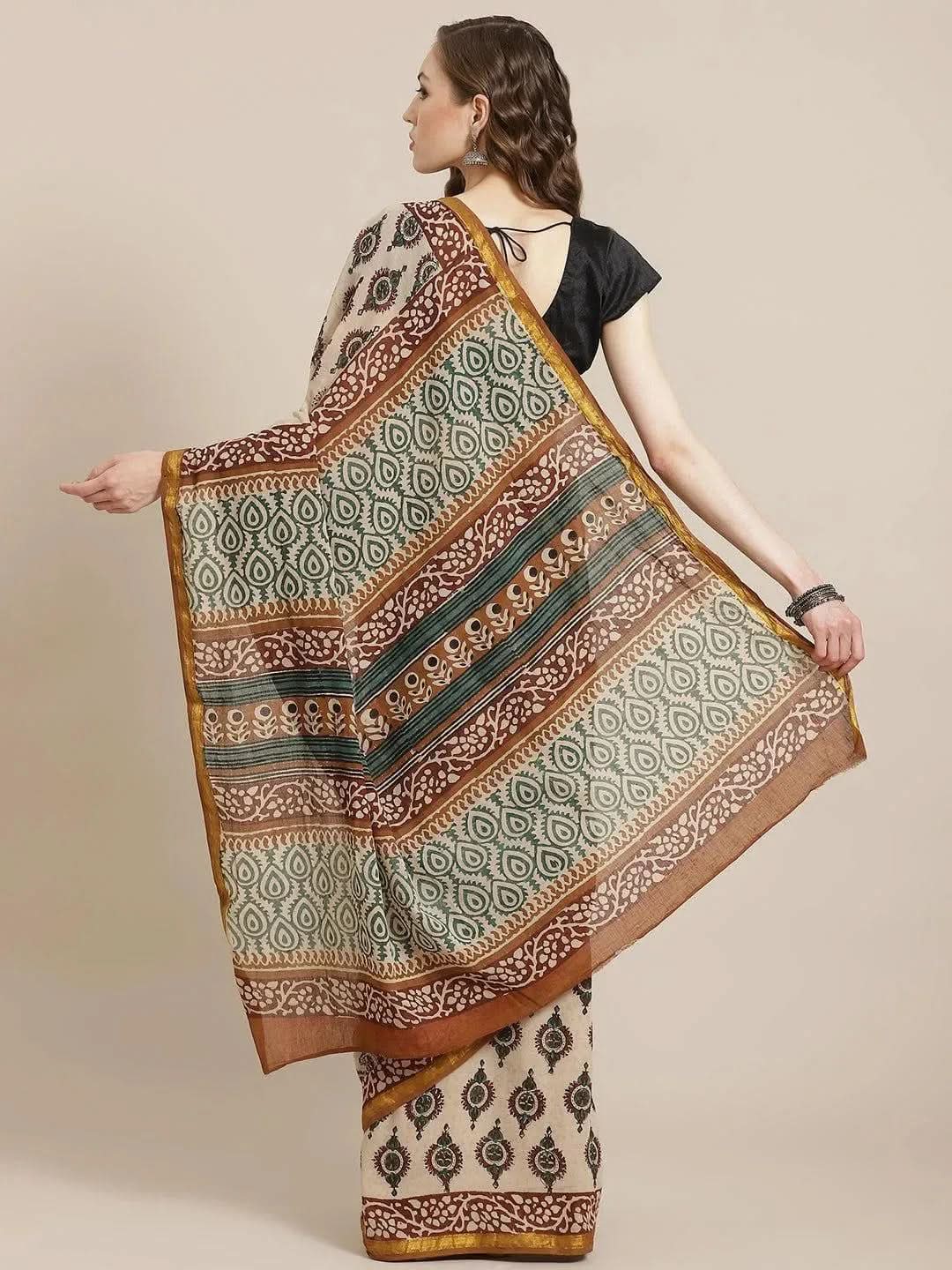 Beige Printed Cotton Saree - Libas