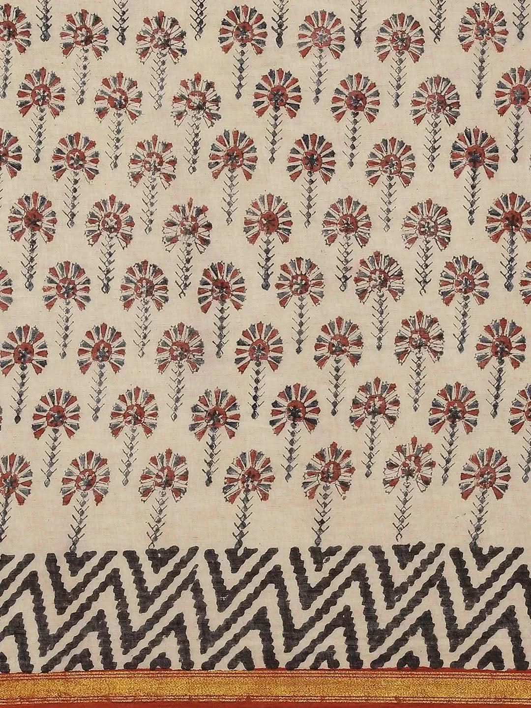 Beige Printed Cotton Saree - Libas