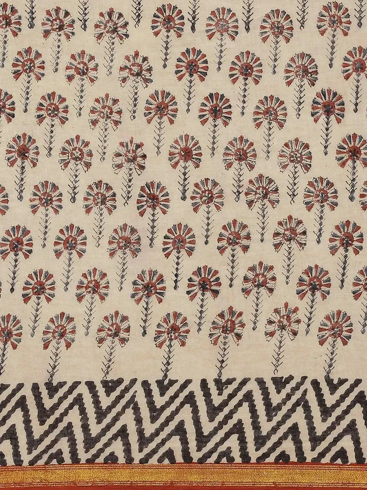 Beige Printed Cotton Saree - Libas