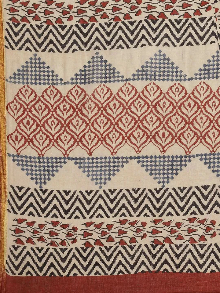 Beige Printed Cotton Saree - Libas