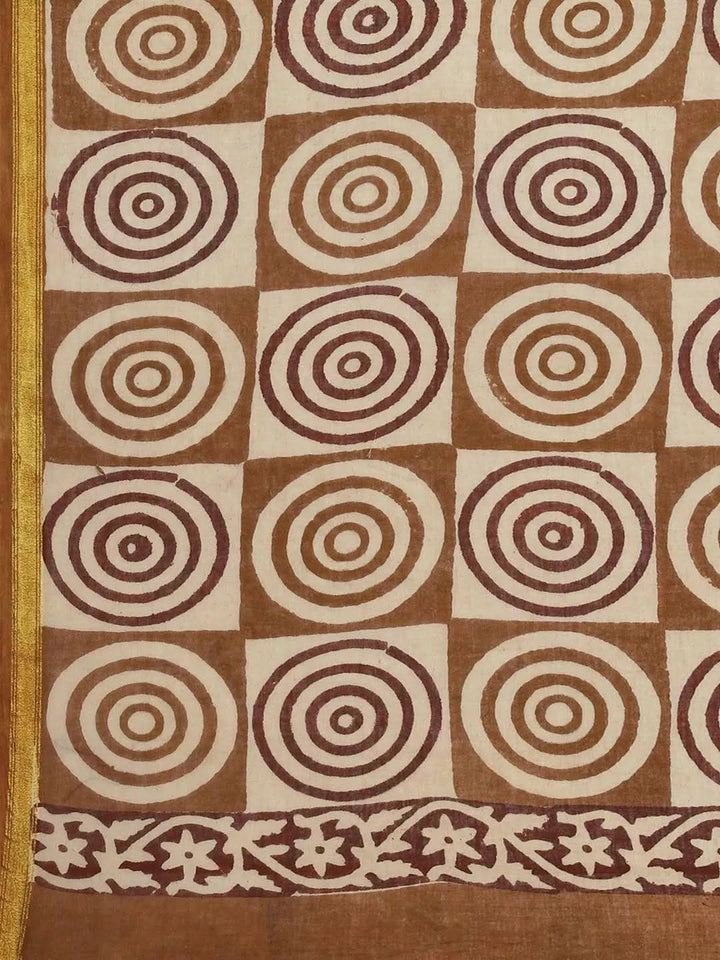 Beige Printed Cotton Saree - Libas