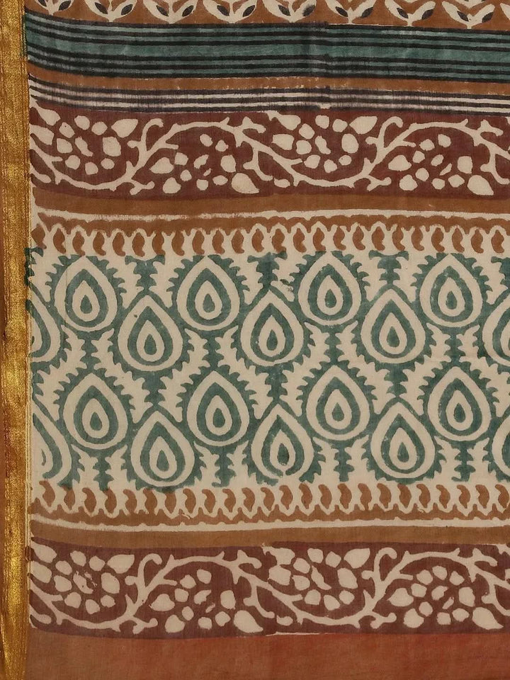 Beige Printed Cotton Saree - Libas