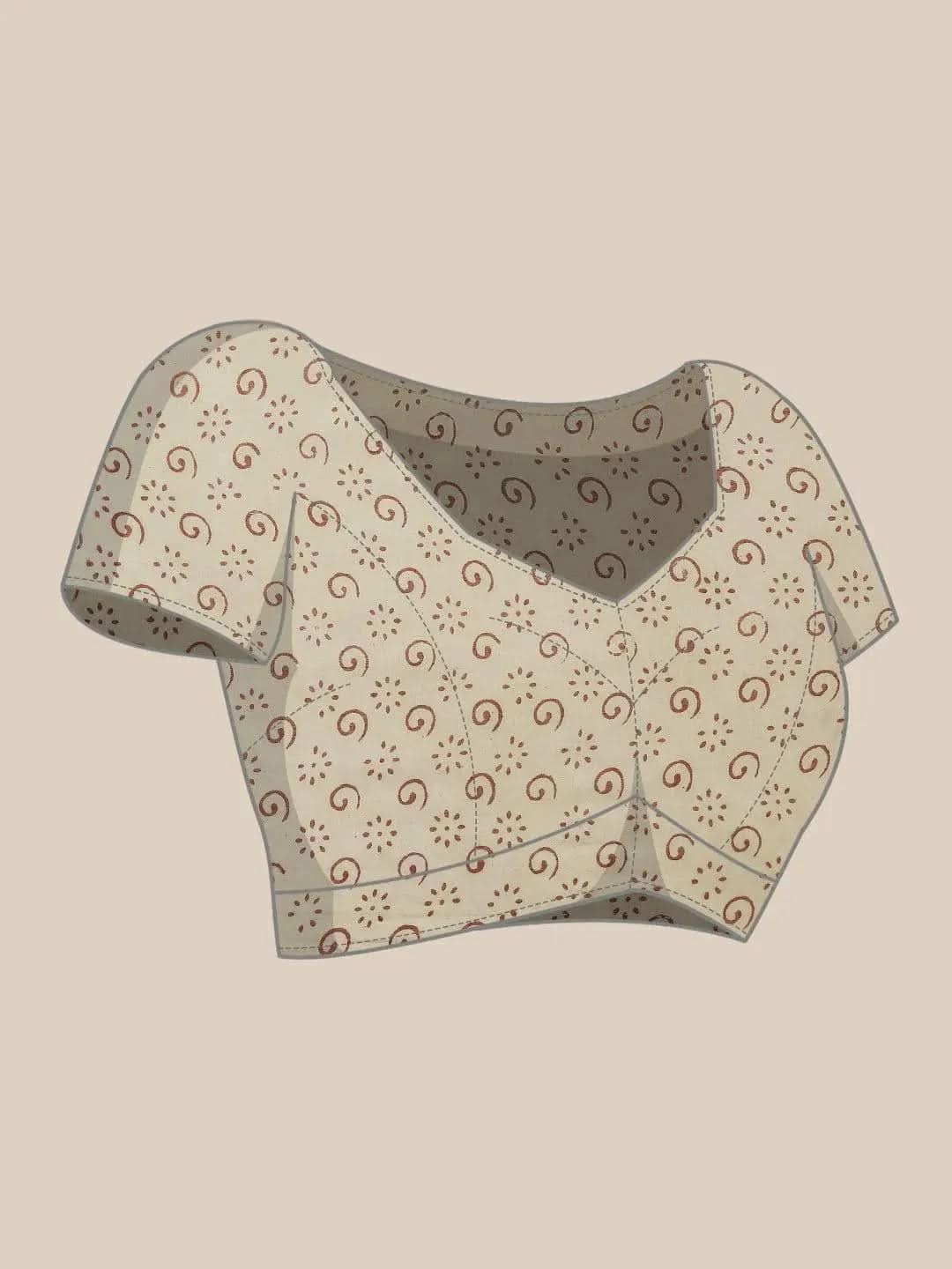 Beige Printed Cotton Saree - Libas