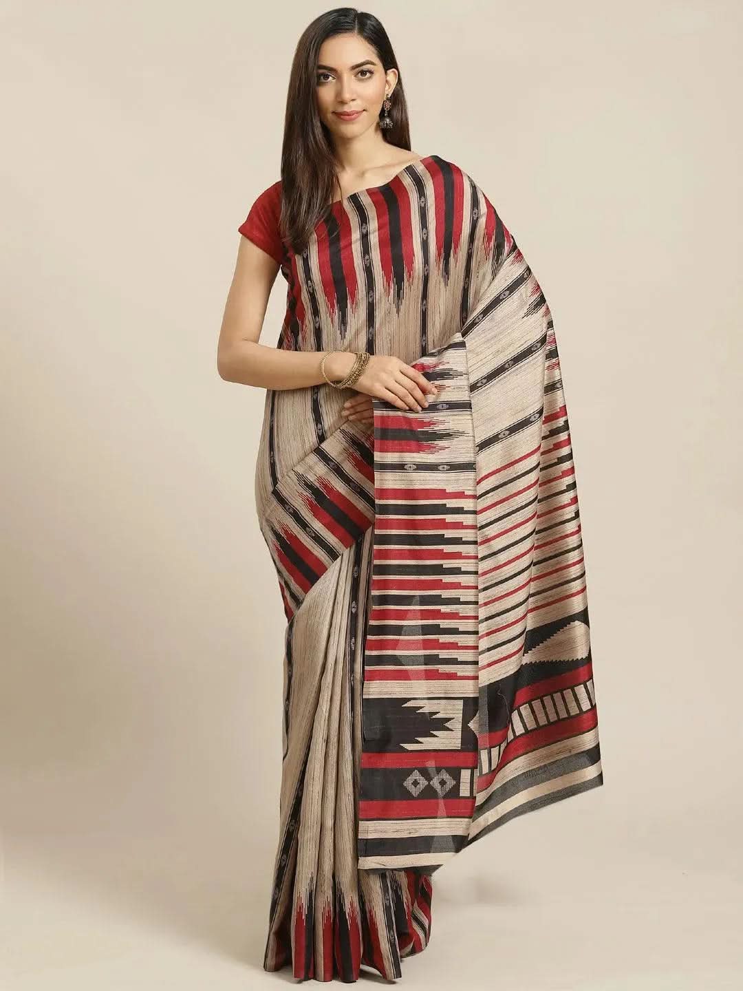 Beige Printed Cotton Silk Saree - Libas