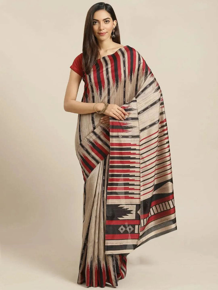 Beige Printed Cotton Silk Saree - Libas