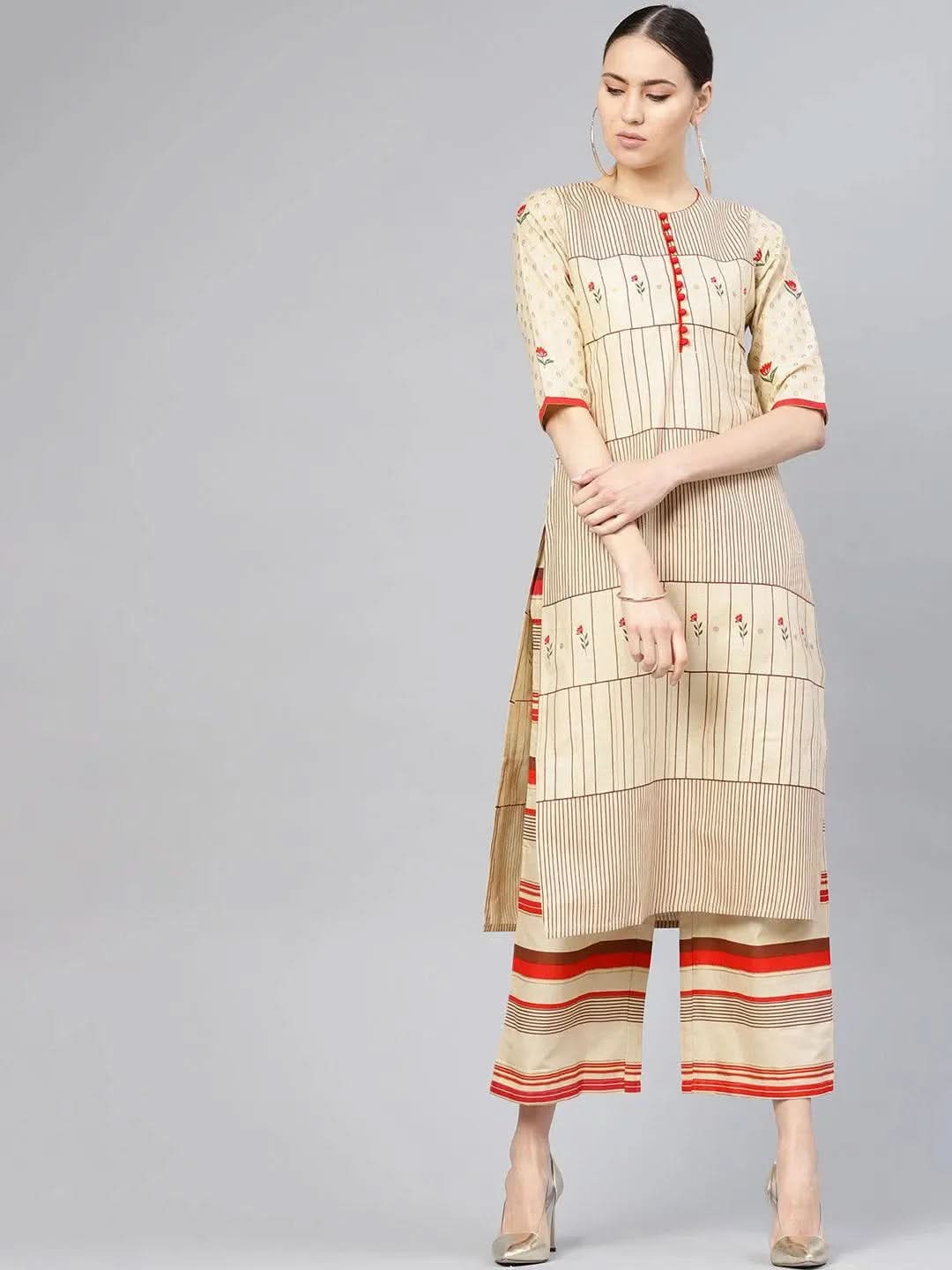 Beige Printed Cotton Kurta Set - Libas