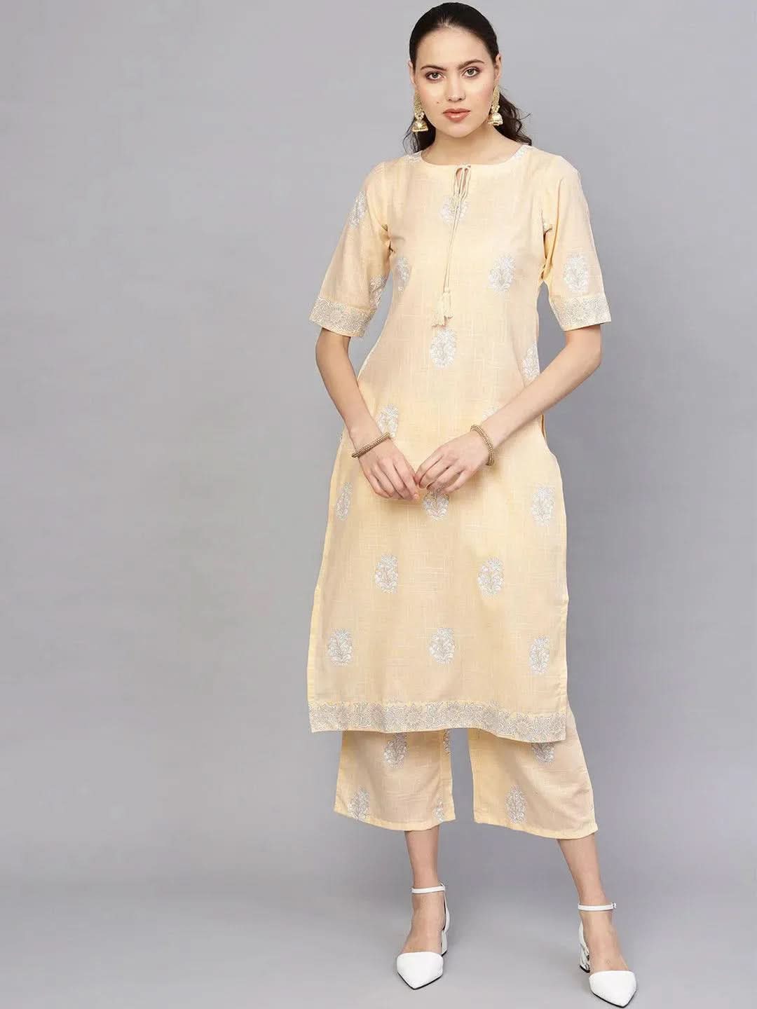Beige Printed Cotton Kurta Set - Libas