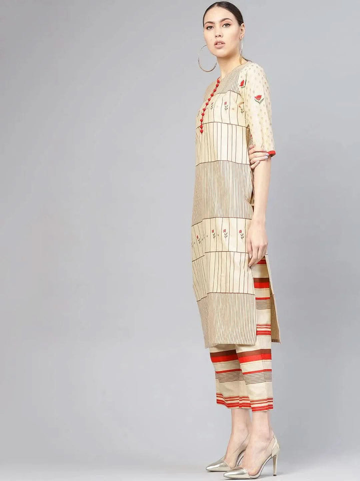 Beige Printed Cotton Kurta Set - Libas