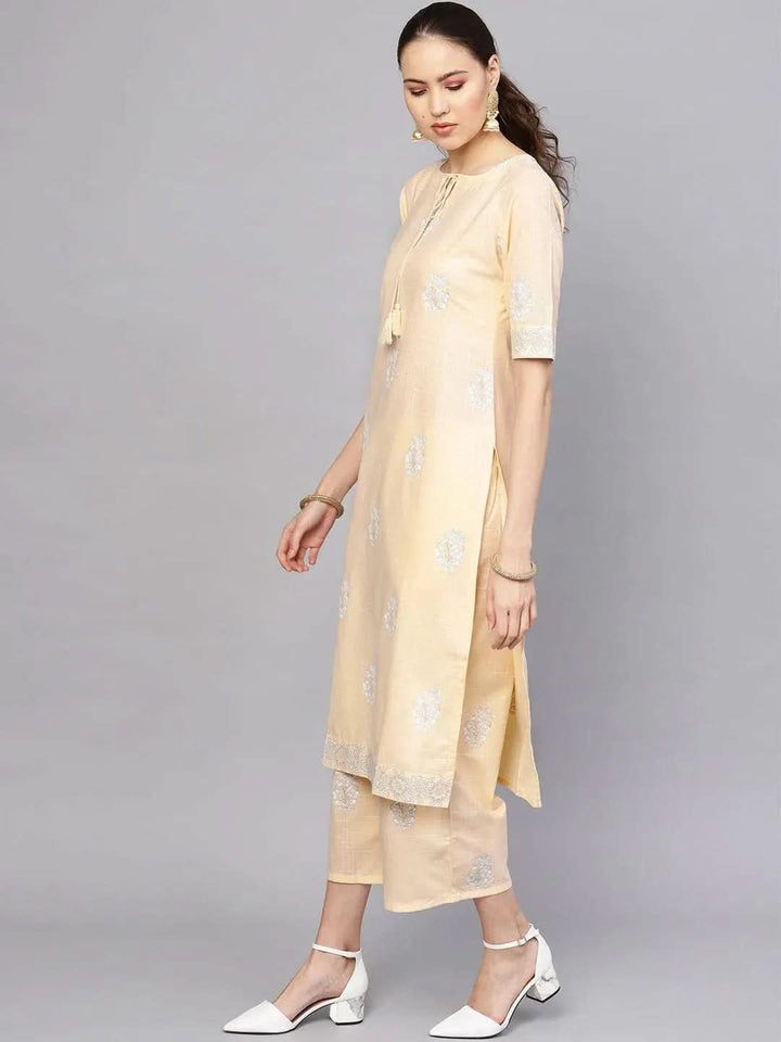 Beige Printed Cotton Kurta Set - Libas