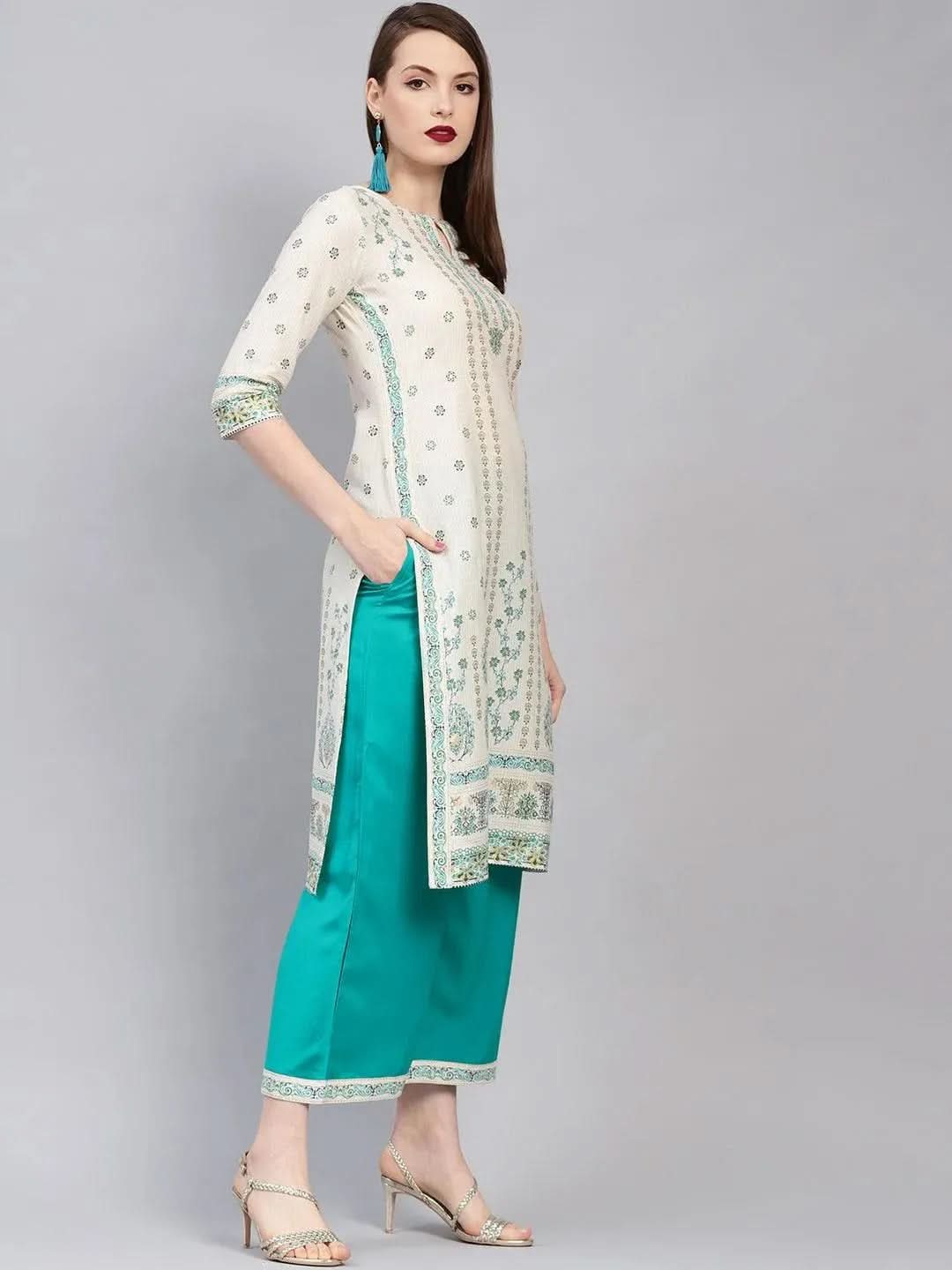 Beige Printed Cotton Kurta Set - Libas