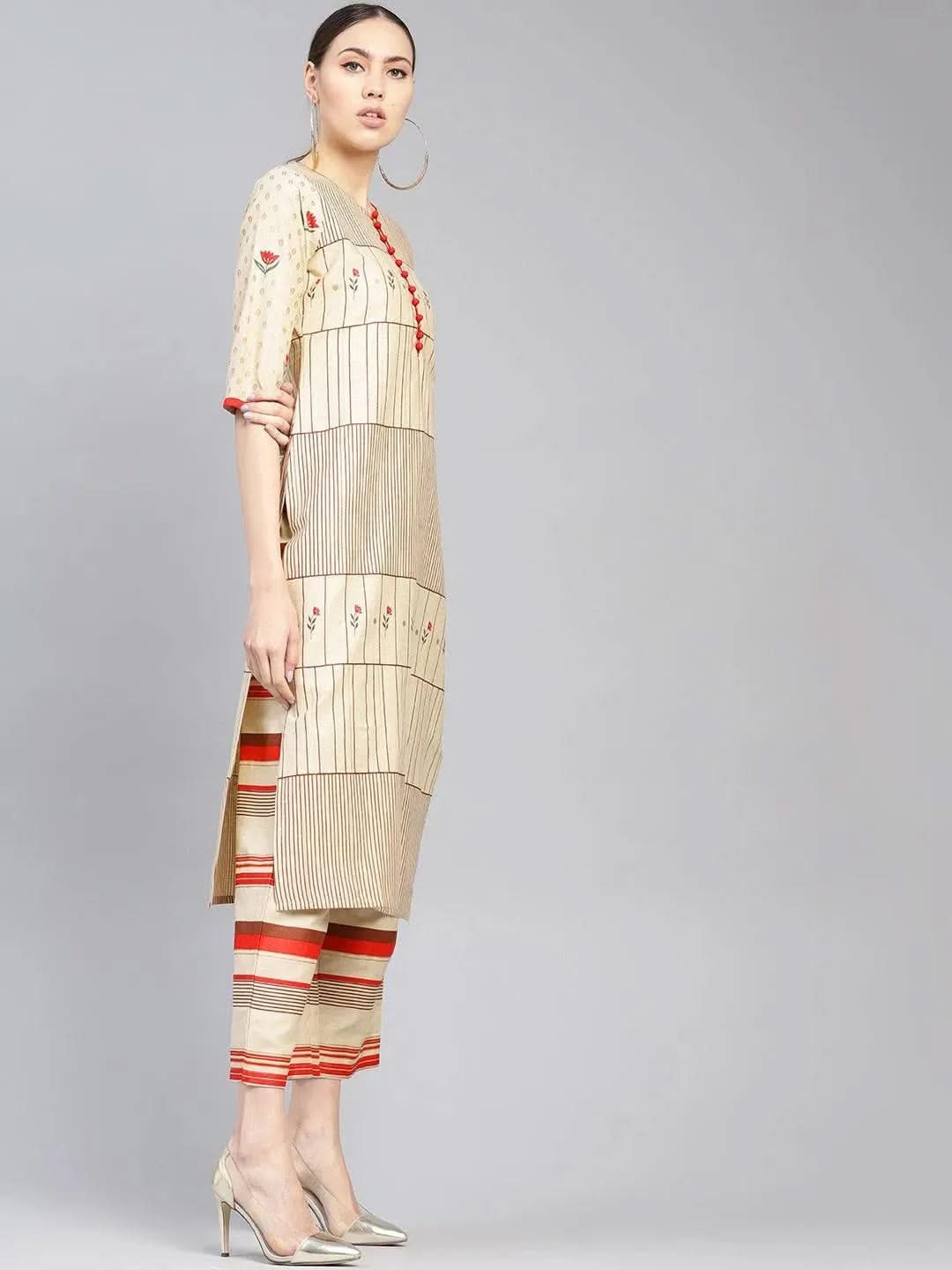 Beige Printed Cotton Kurta Set - Libas