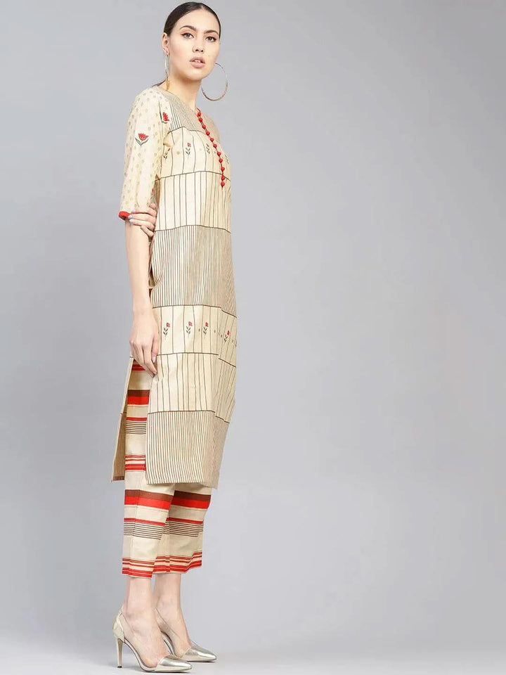 Beige Printed Cotton Kurta Set - Libas