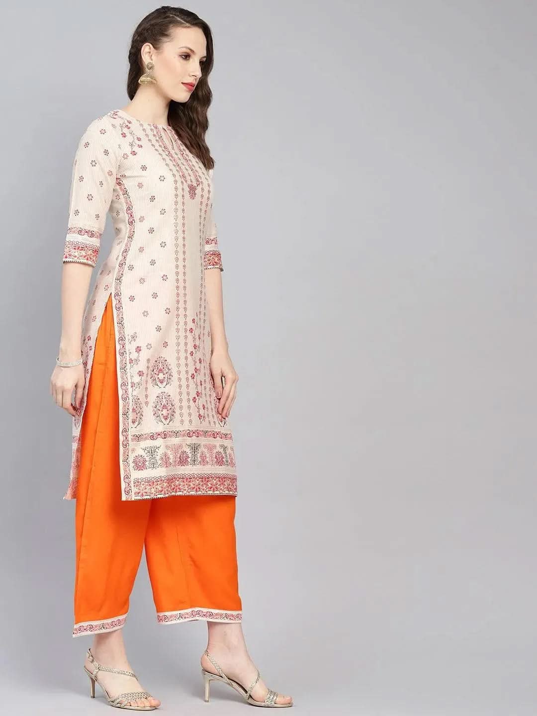 Beige Printed Cotton Kurta Set - Libas