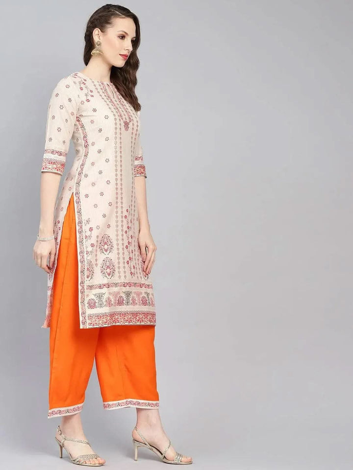 Beige Printed Cotton Kurta Set - Libas