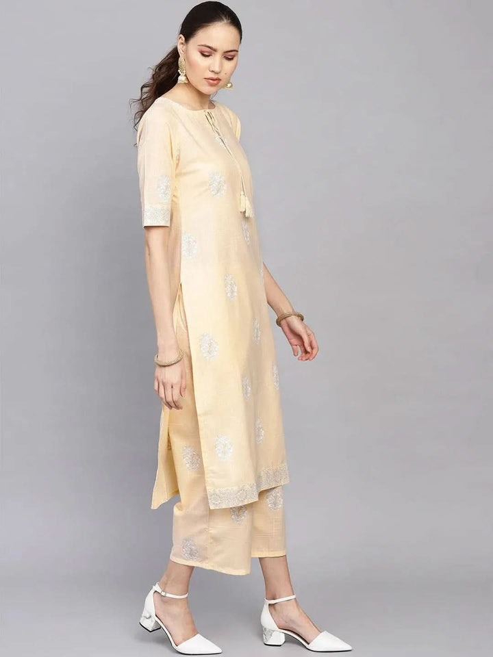 Beige Printed Cotton Kurta Set - Libas