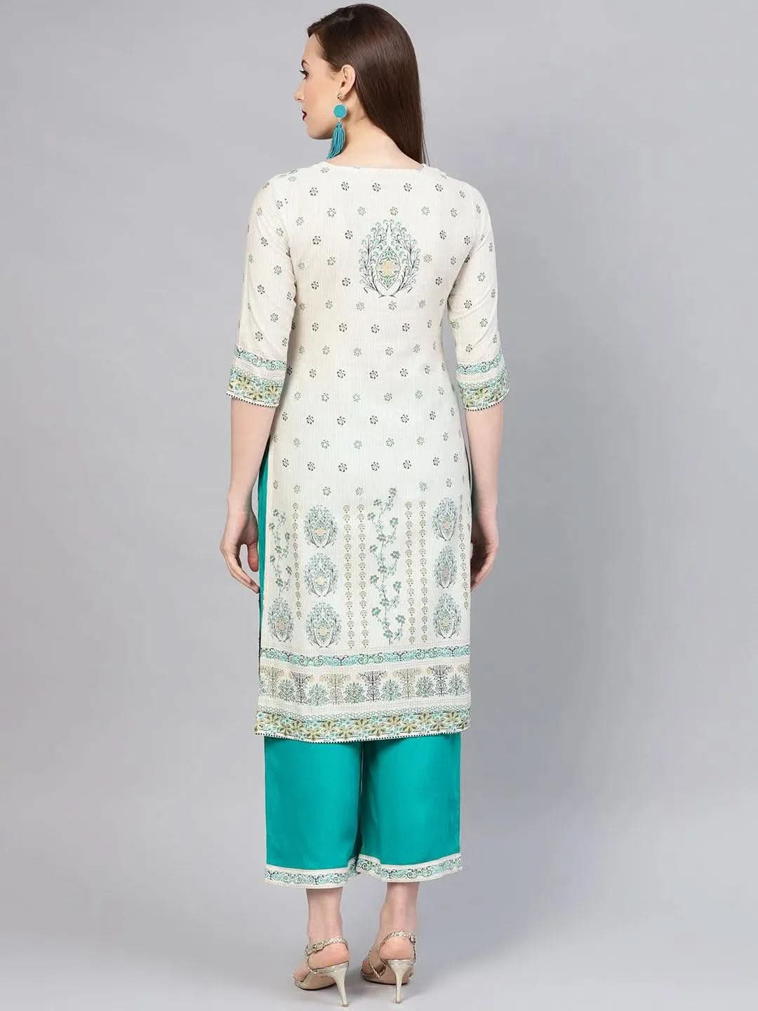 Beige Printed Cotton Kurta Set - Libas