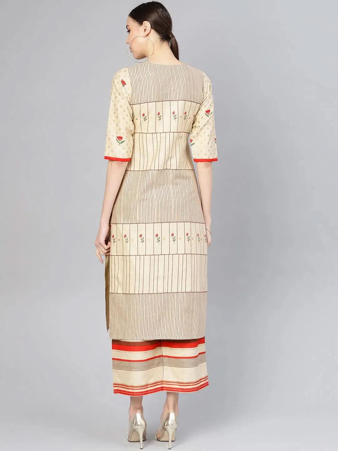 Beige Printed Cotton Kurta Set - Libas