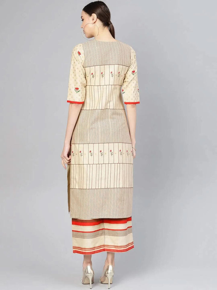 Beige Printed Cotton Kurta Set - Libas