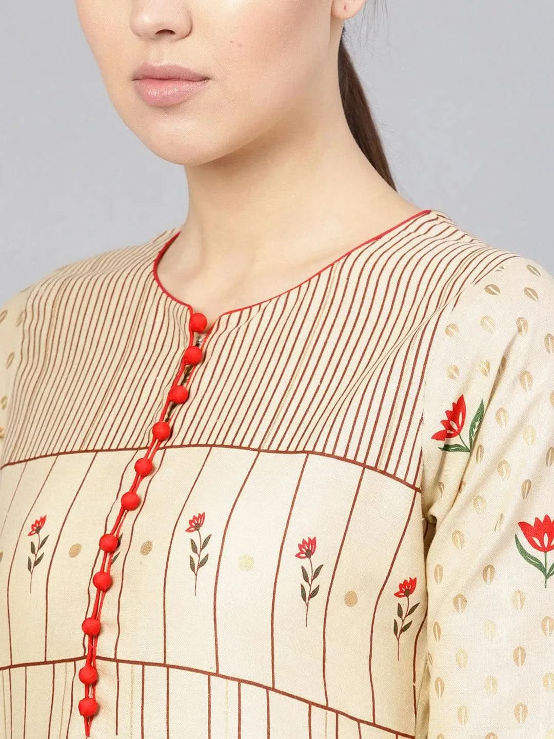 Beige Printed Cotton Kurta Set - Libas