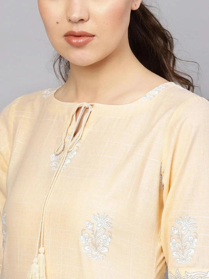 Beige Printed Cotton Kurta Set - Libas