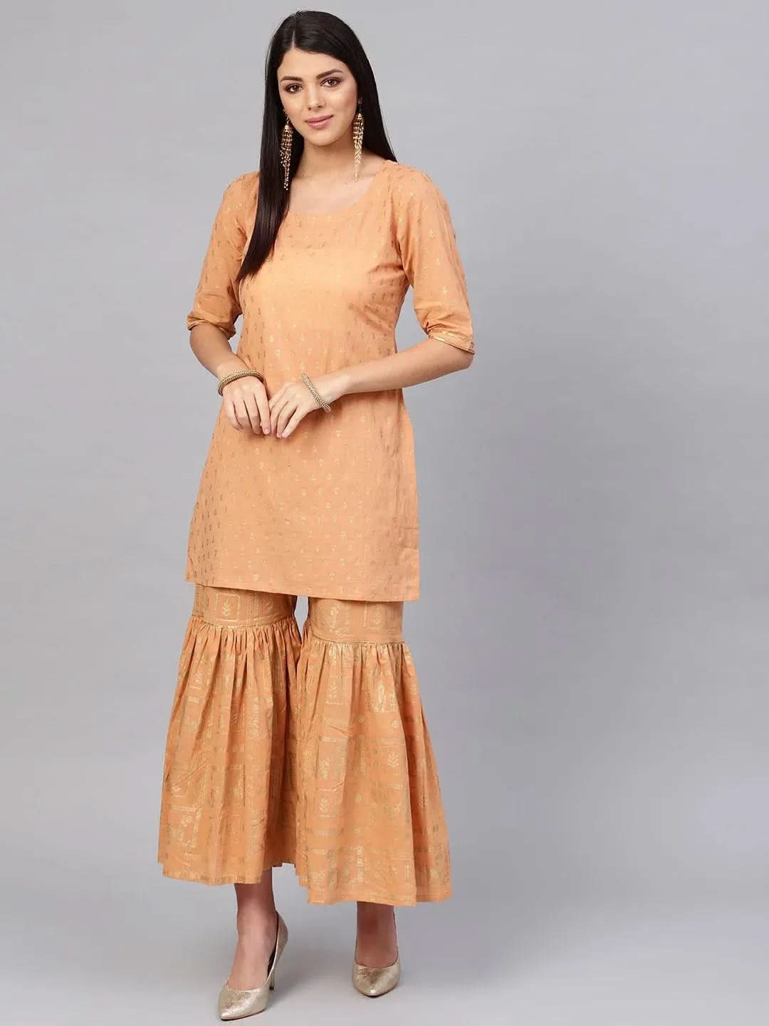 Beige Printed Cotton Kurta Set - Libas