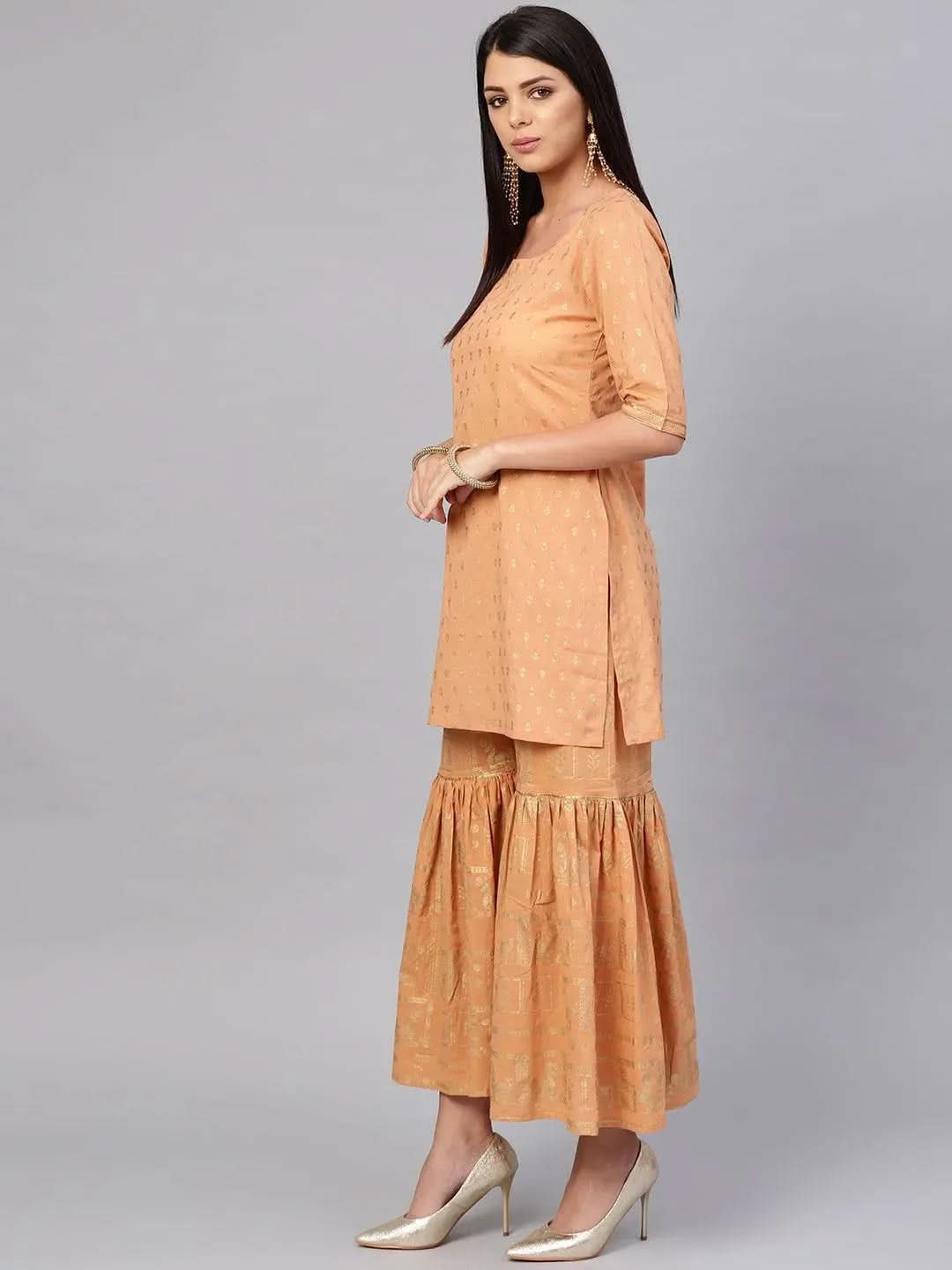 Beige Printed Cotton Straight Kurta With Sharara
Beige Printed Cotton Straight Kurta With Sharara