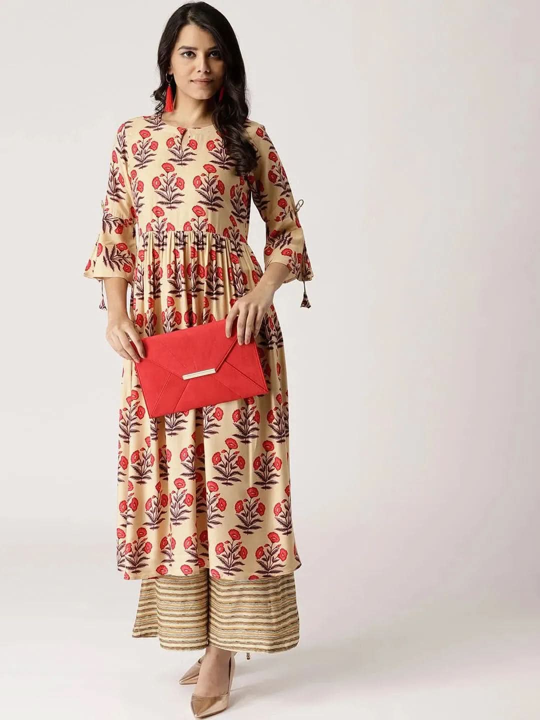 Beige Printed Rayon Kurta Set - Libas