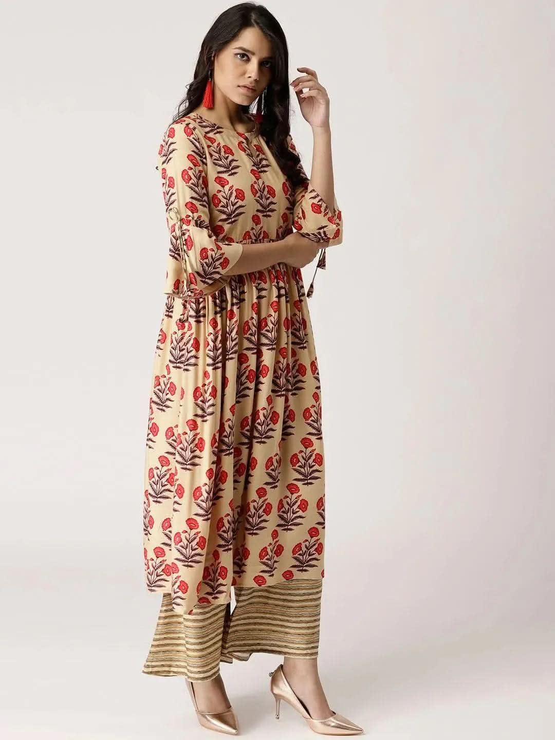 Beige Printed Rayon Kurta Set - Libas