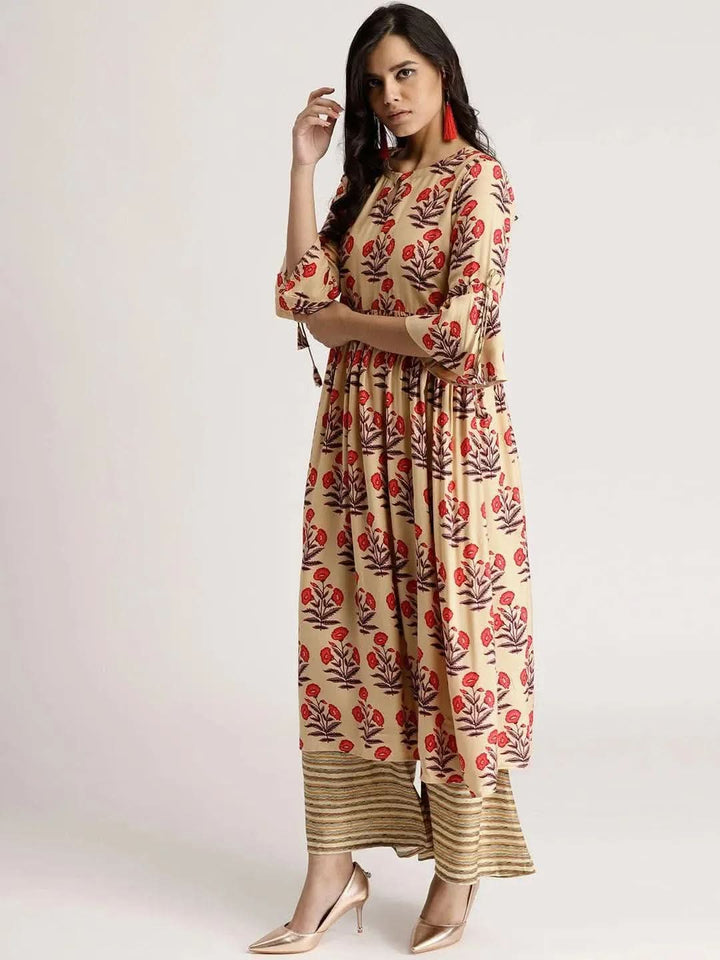 Beige Printed Rayon Kurta Set - Libas