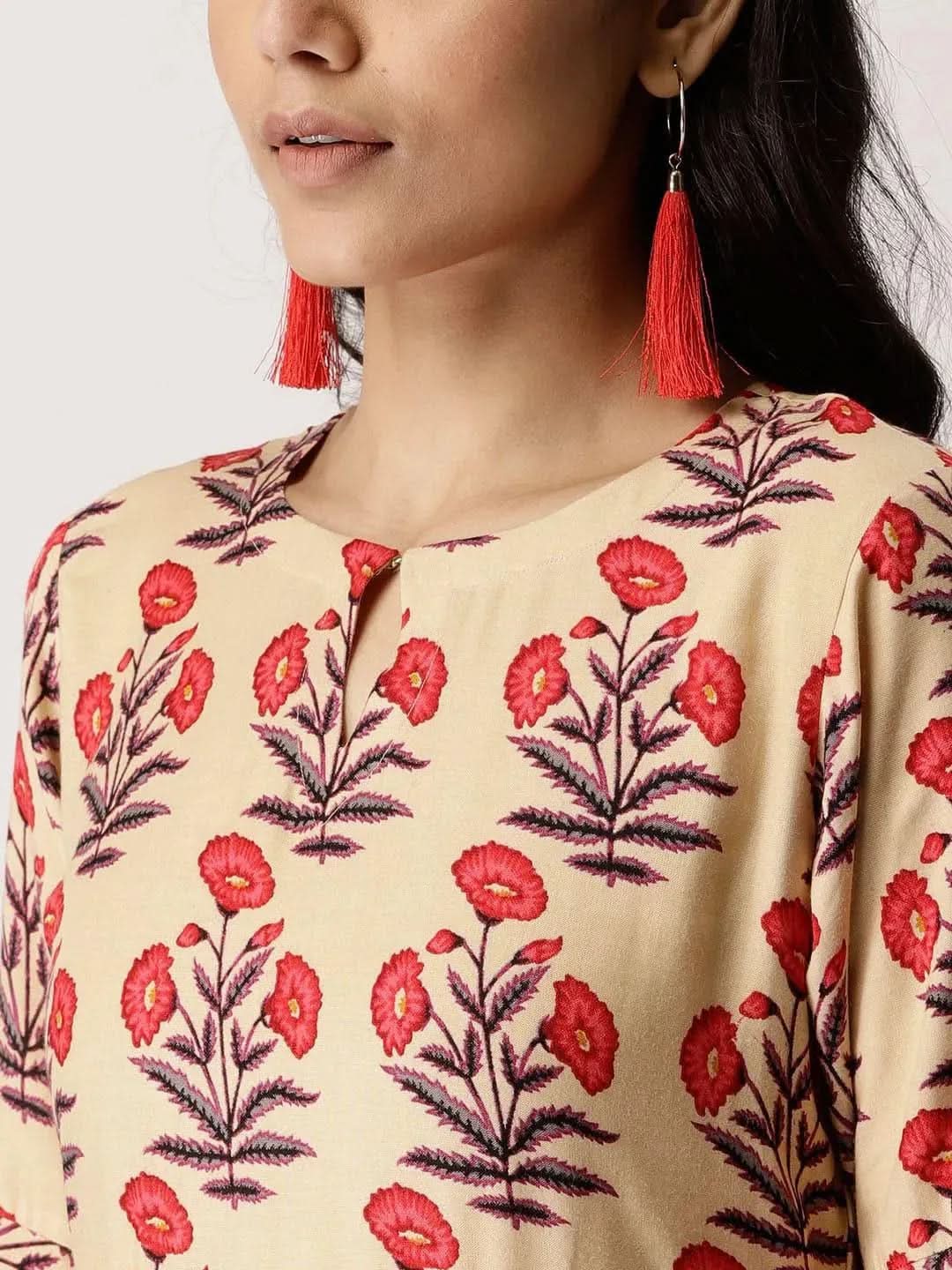 Beige Printed Rayon Kurta Set - Libas