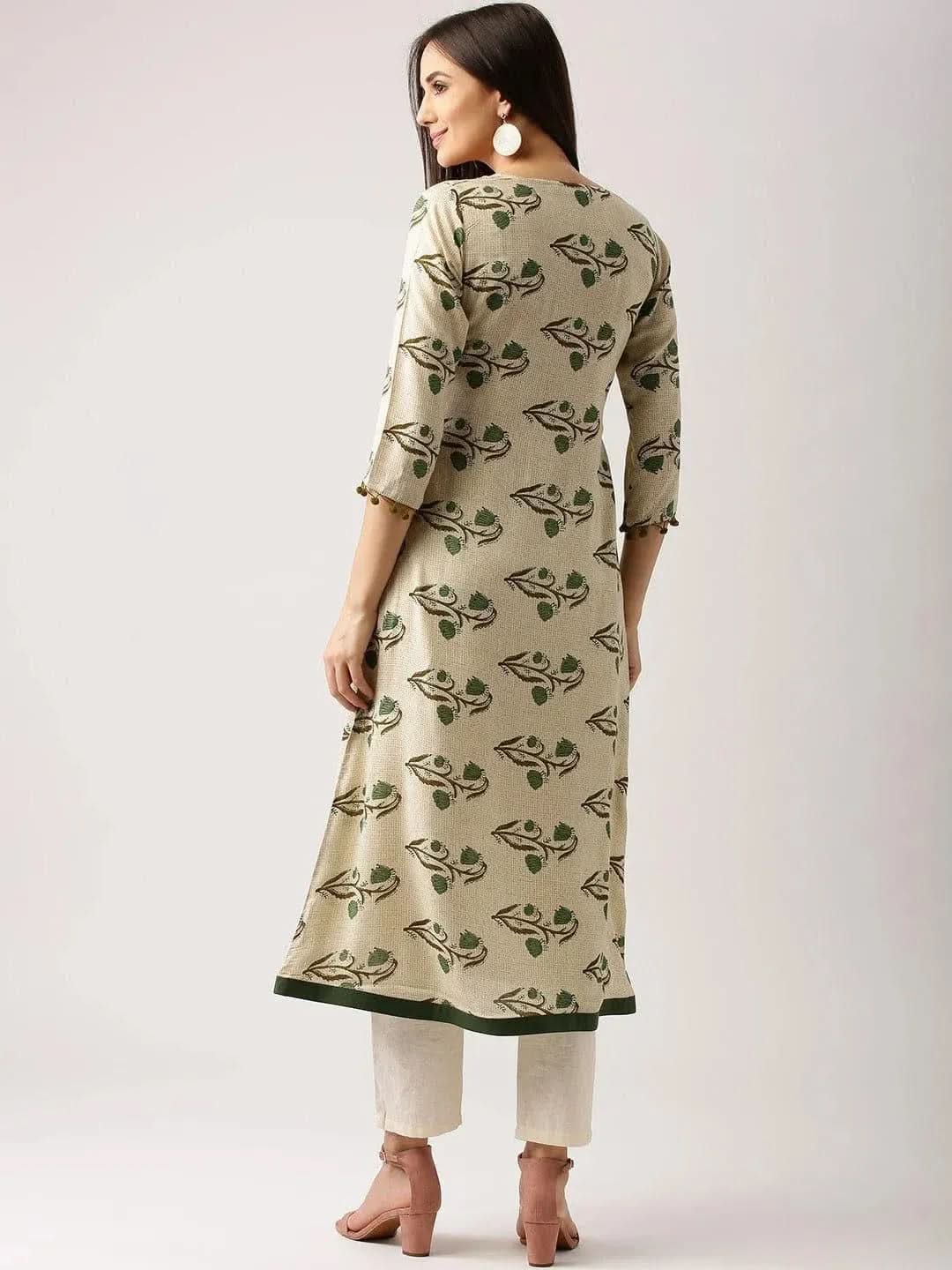 Beige Printed Rayon Kurta - Libas