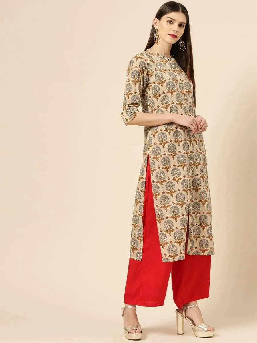 Beige Printed Rayon Kurta - Libas