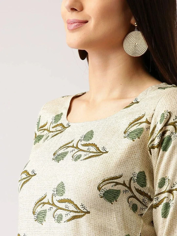Beige Printed Rayon Kurta - Libas