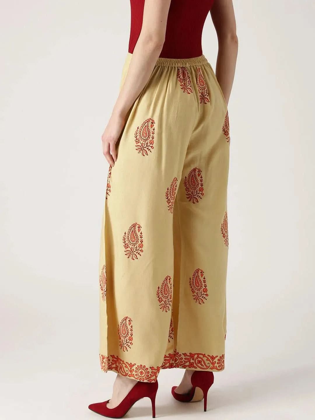 Beige Printed Rayon Palazzos - Libas