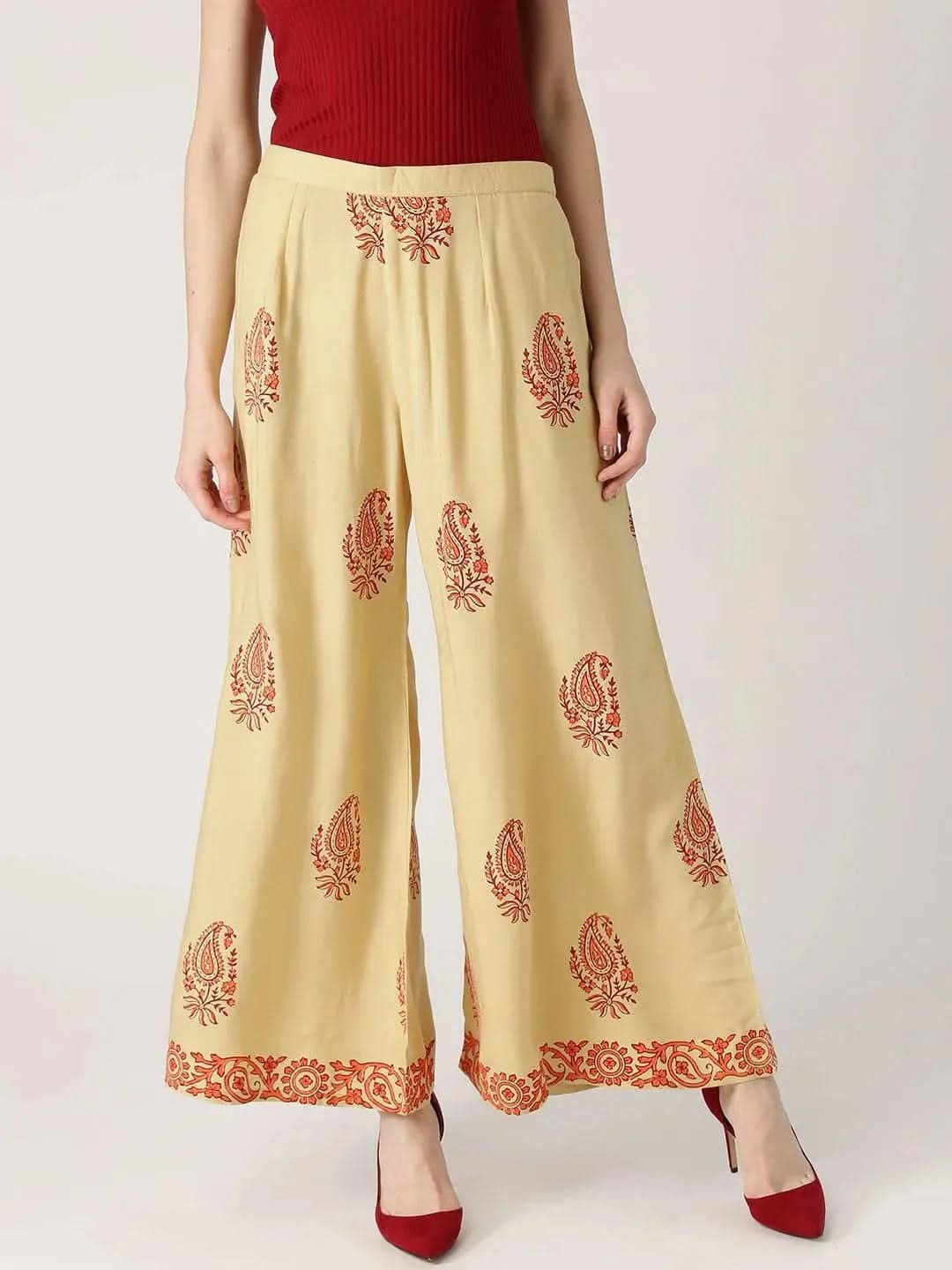 Beige Printed Rayon Palazzos - Libas