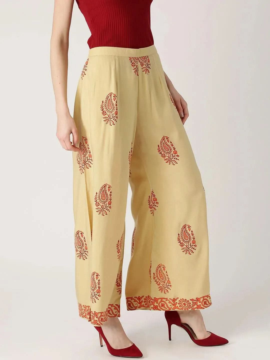 Beige Printed Rayon Palazzos - Libas