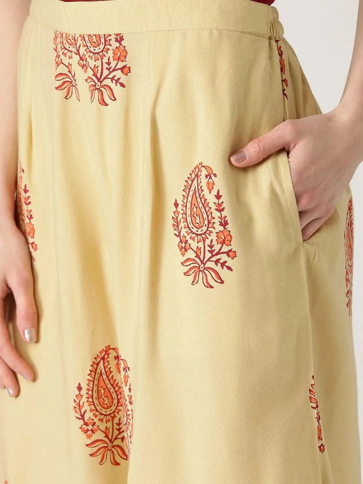 Beige Printed Rayon Palazzos - Libas