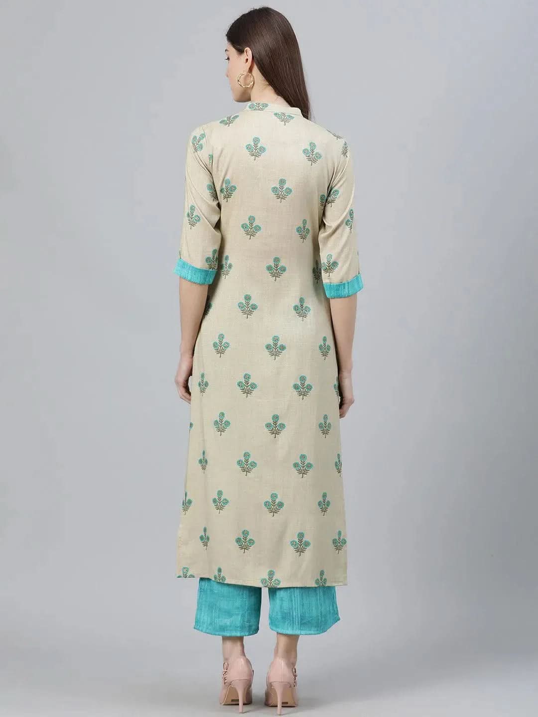 Beige Printed Rayon Kurta Set - Libas