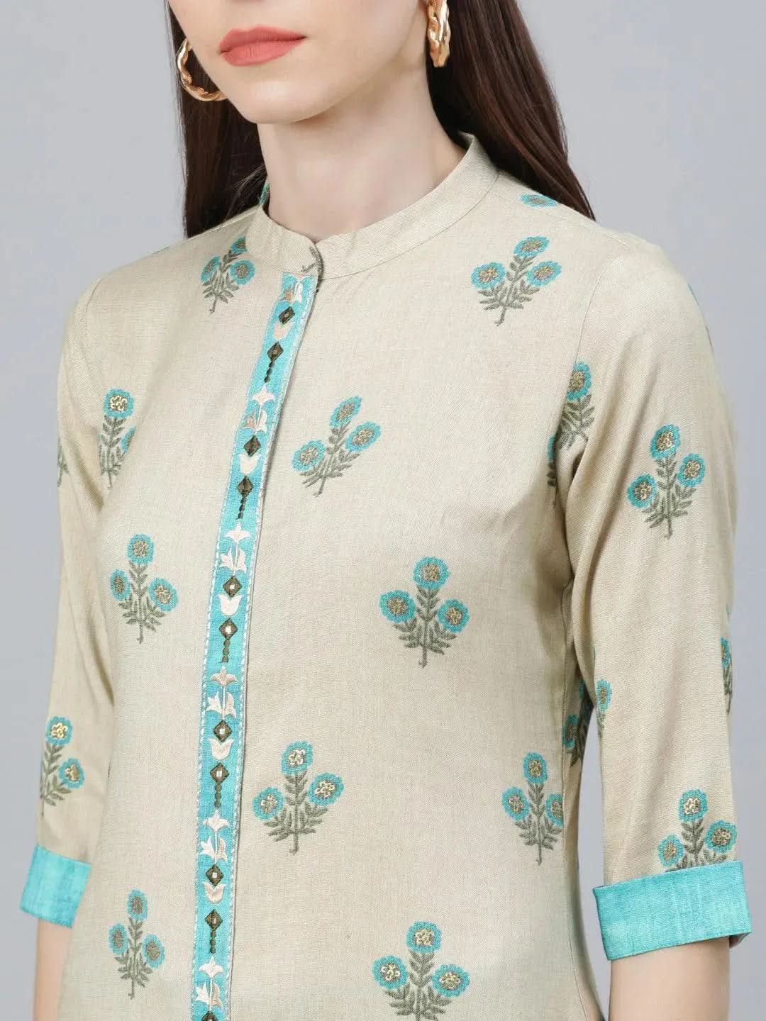 Beige Printed Rayon Kurta Set - Libas