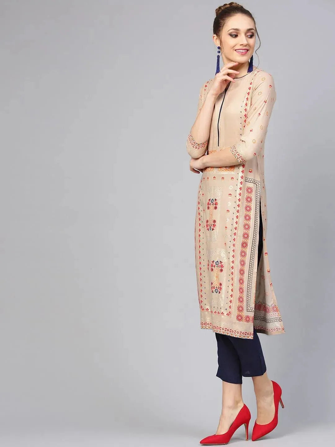 Beige Printed Rayon Straight Kurta With Trousers
Beige Printed Rayon Straight Kurta With Trousers