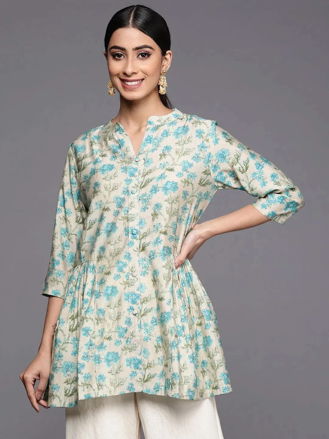 Beige Printed Silk Blend A-Line Kurti - Libas