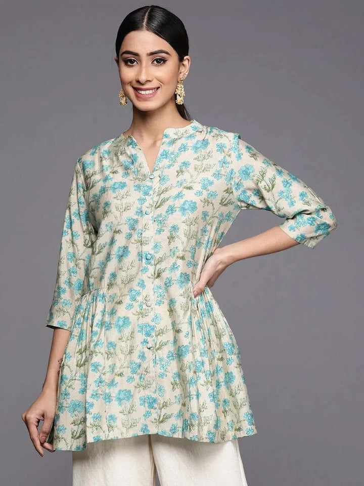 Beige Printed Silk Blend A-Line Kurti - Libas