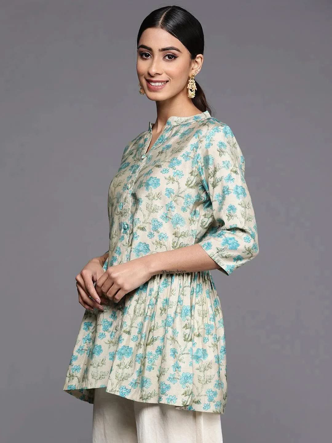 Beige Printed Silk Blend A-Line Kurti - Libas