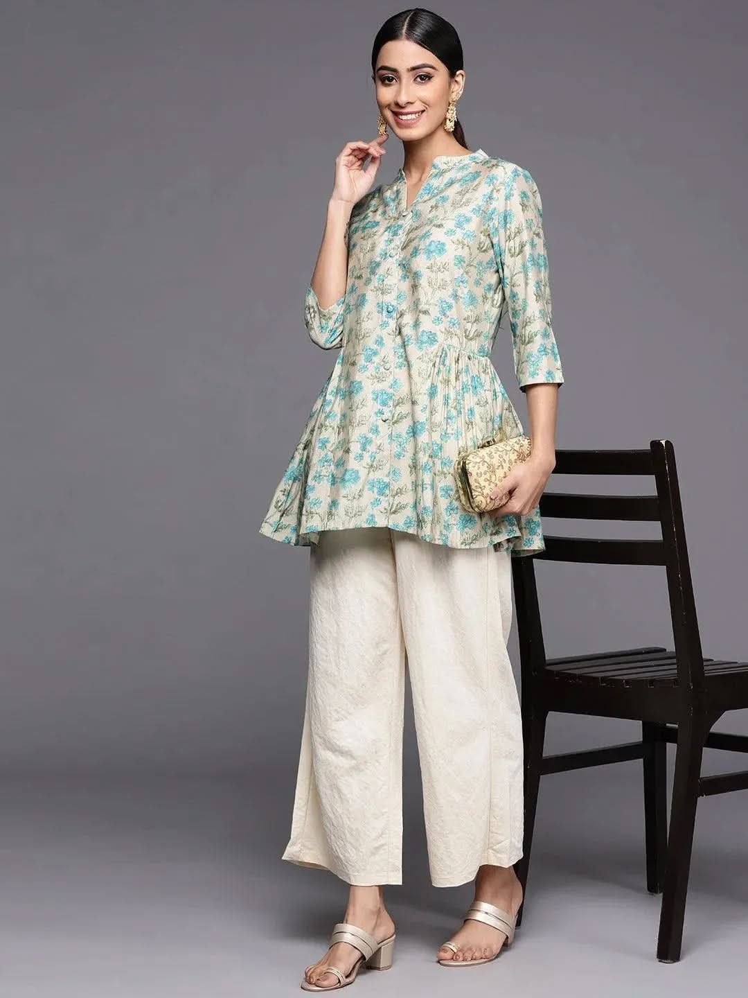 Beige Printed Silk Blend A-Line Kurti - Libas