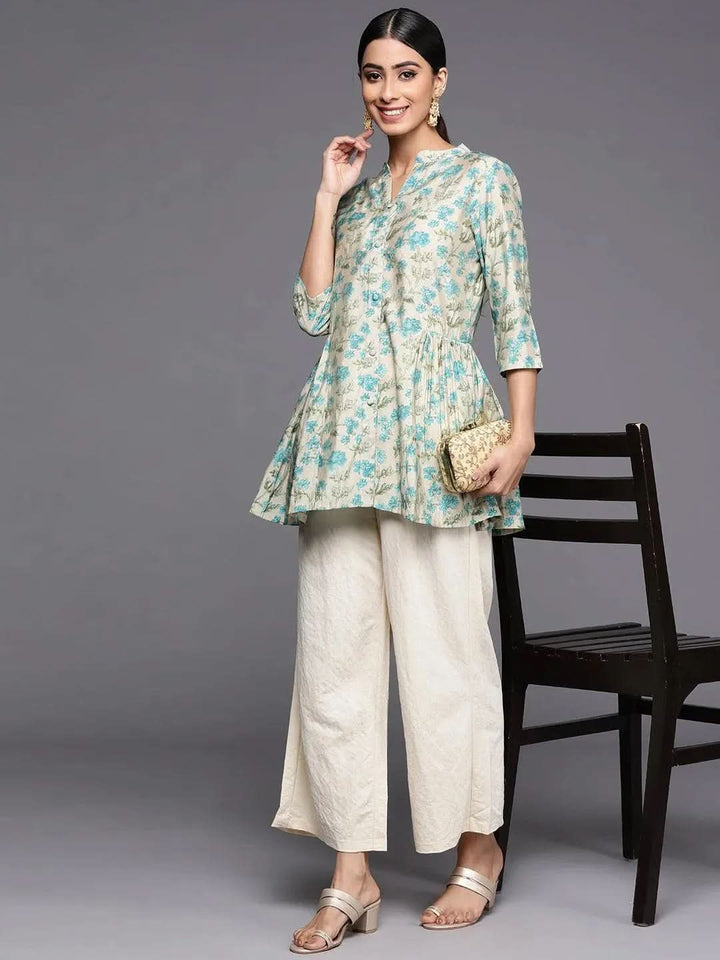 Beige Printed Silk Blend A-Line Kurti - Libas