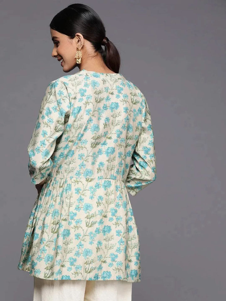 Beige Printed Silk Blend A-Line Kurti - Libas