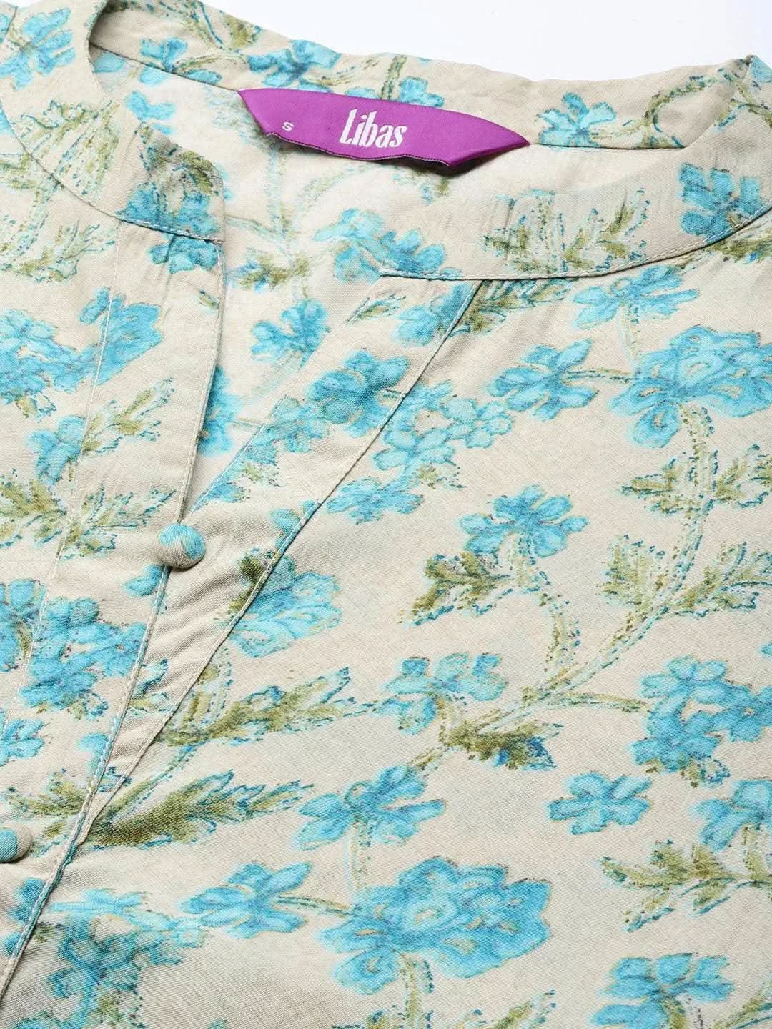 Beige Printed Silk Blend A-Line Kurti - Libas